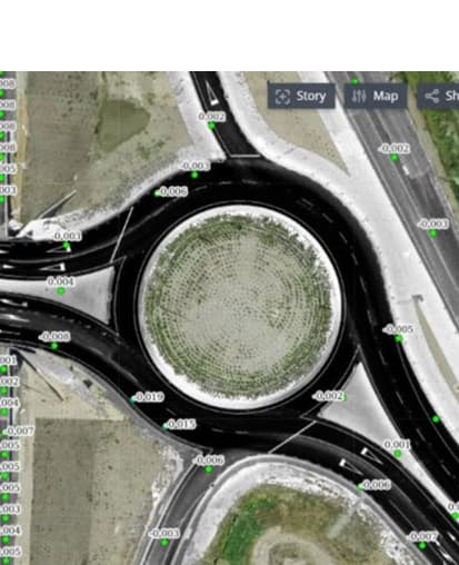 Aerial image of roundabout with survey data augmented over the image