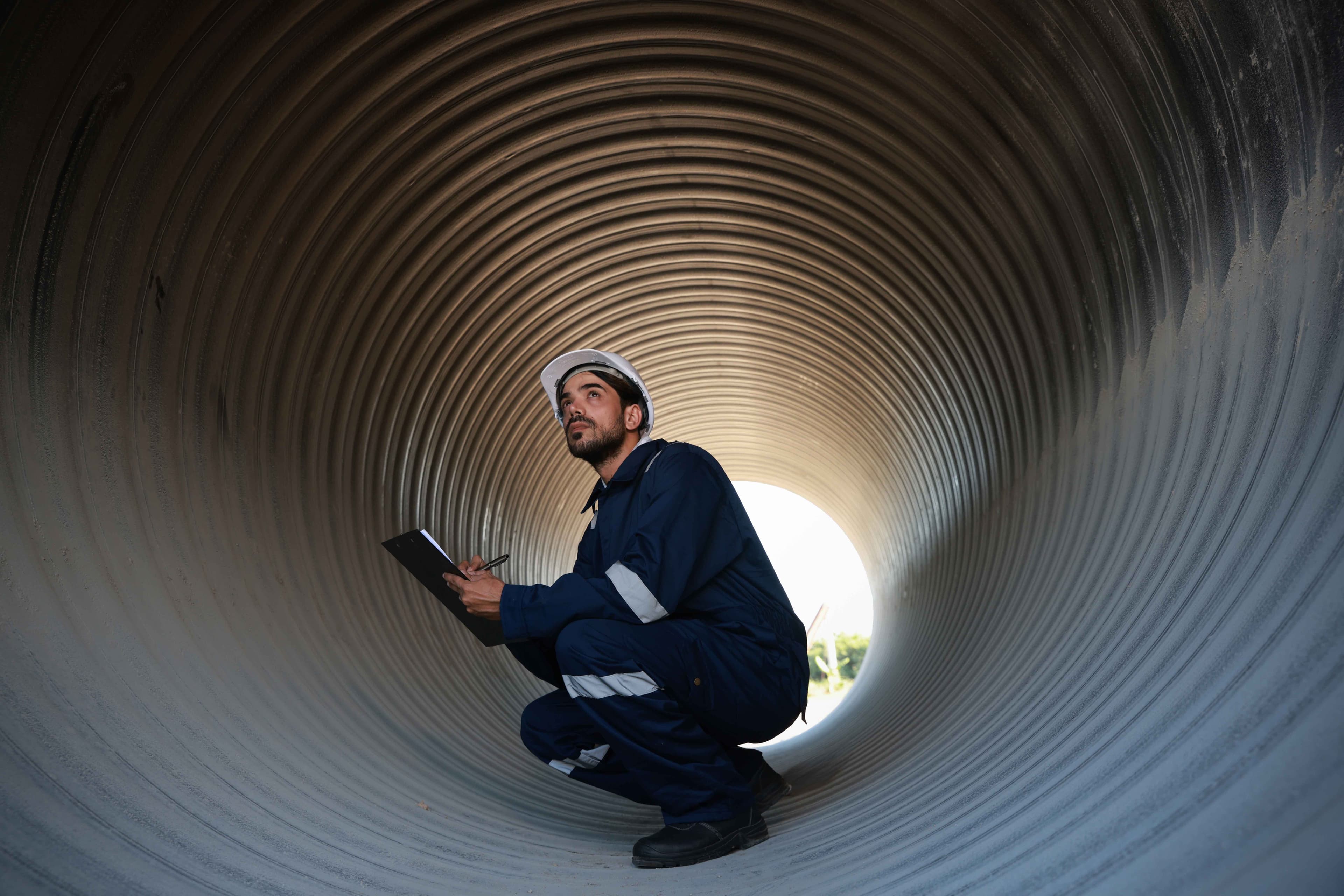 Image of a man with clip board inside a pipe
