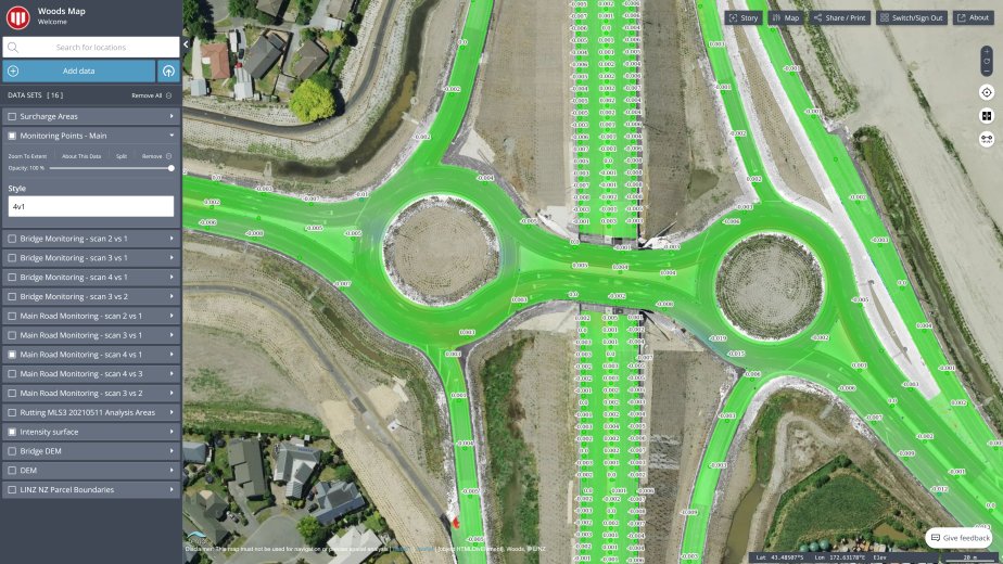 GIS app with roundabouts and road highlighted