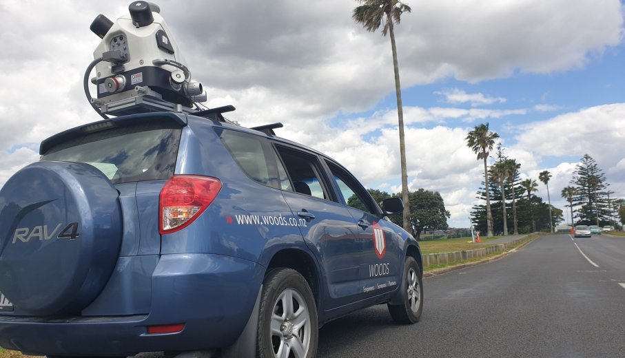 Mobile laser scanning vehicle parked on waterfront 