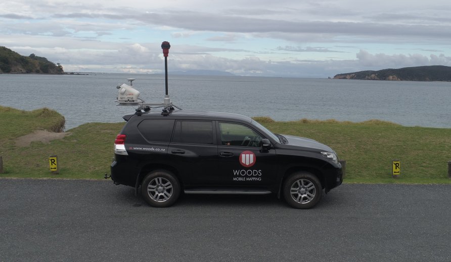Mobile laser scanning parked at waters edge