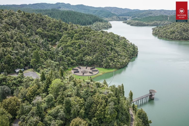 Aerial shot of Bell mouth spillway at Auckland dam